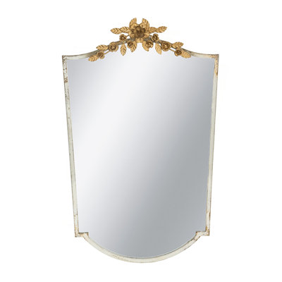 24X1.6X37.4" Decorative Arched Wall Mirror With Distressed Ivory Frame And Gold Floral Crown