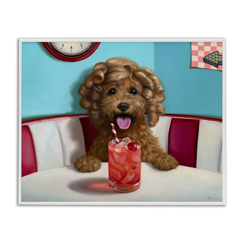 «Dog at Diner with Drink», art giclée par Lucia Heffernan, Estampe numérique encadrée blanc bord de mer, H 24 po x l 30 po