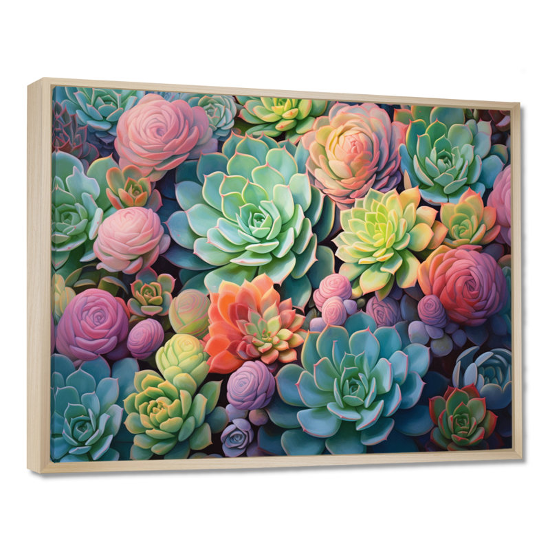 Vert, bleu, plantes grasses, succulentes, rêves II, H 24 po x l 32 po x P 1 po, Cadre flottant érable