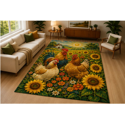 "Ultra Light Weight" 5' x 7' Chicken Farmyard Sunflower Area Rug Soft Low Pile Indoor Rug with Non Slip Silicone Backing Rustic Animal Decor Carpet for Living Room Kitchen Dining, Family Room Kids & Pets Green