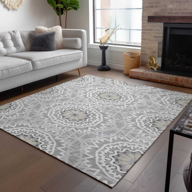Tapis intérieur / extérieur en polyester tissé à la machine Kawtar gris / blanc, Rectangle 10 pi x 14 pi