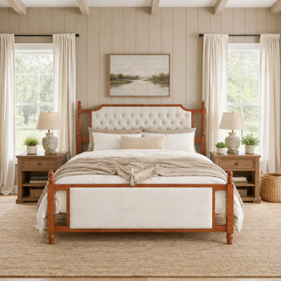 Grand lit plateforme tapissier avec tête de lit capitonnée à boutons, lit de ferme en bois massif avec tête et pied de lit en velours, aucun sommier nécessaire, style champêtre français moderne pour la chambre à coucher