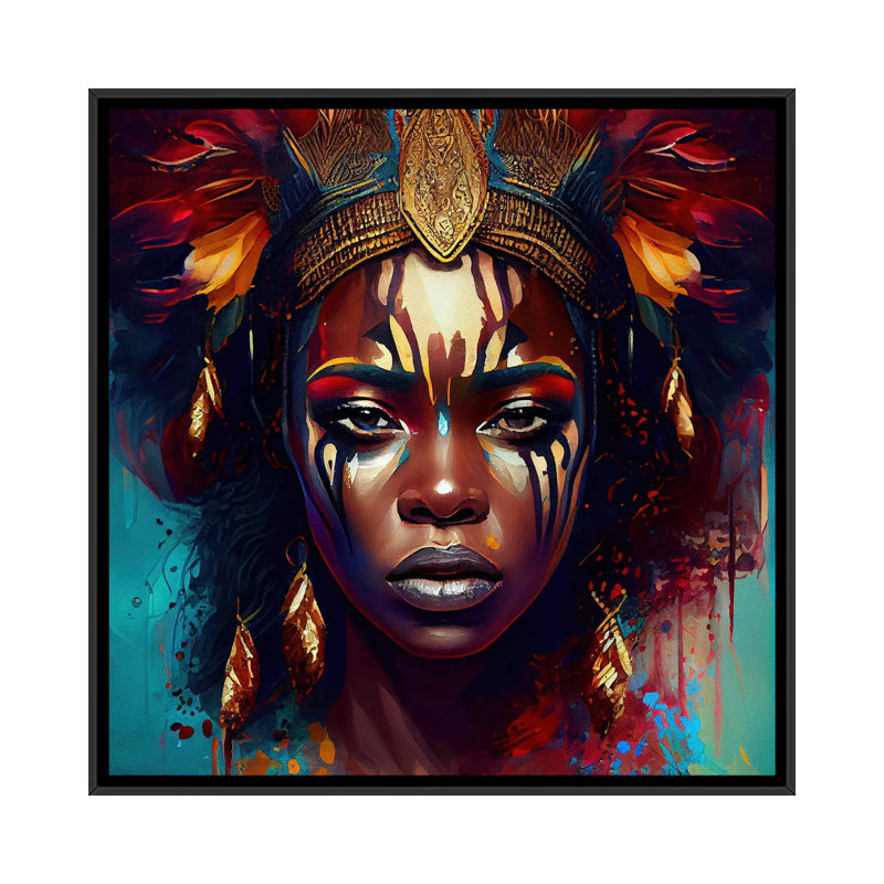 Femme de guerre puissante d'Afrique III, Toile avec cadre flottant noir, H 37 po x l 37 po x P 1,5 po