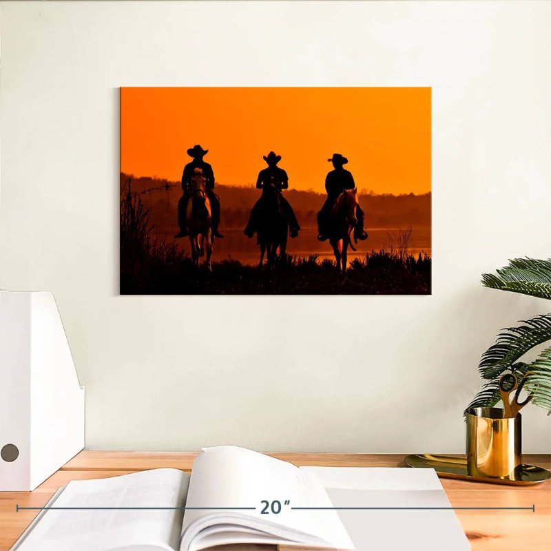 Cowboys au coucher du soleil, H 8 po x l 12 po