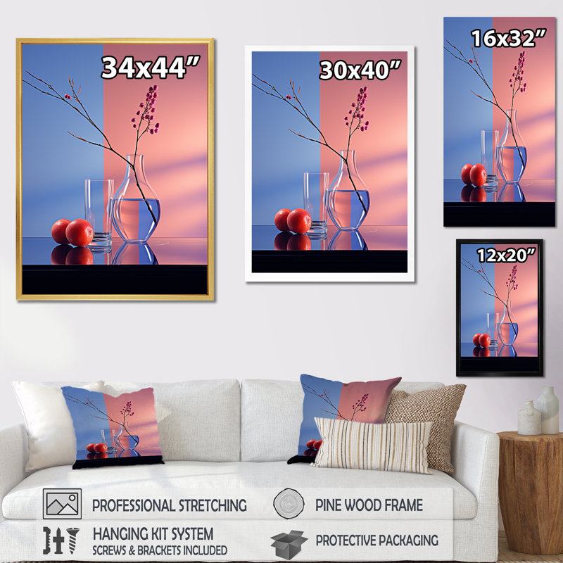 «Blue and Magenta Vase Still Life», reproduction d'art sur toile, Cadre flottant noir, 20" H x 12" W