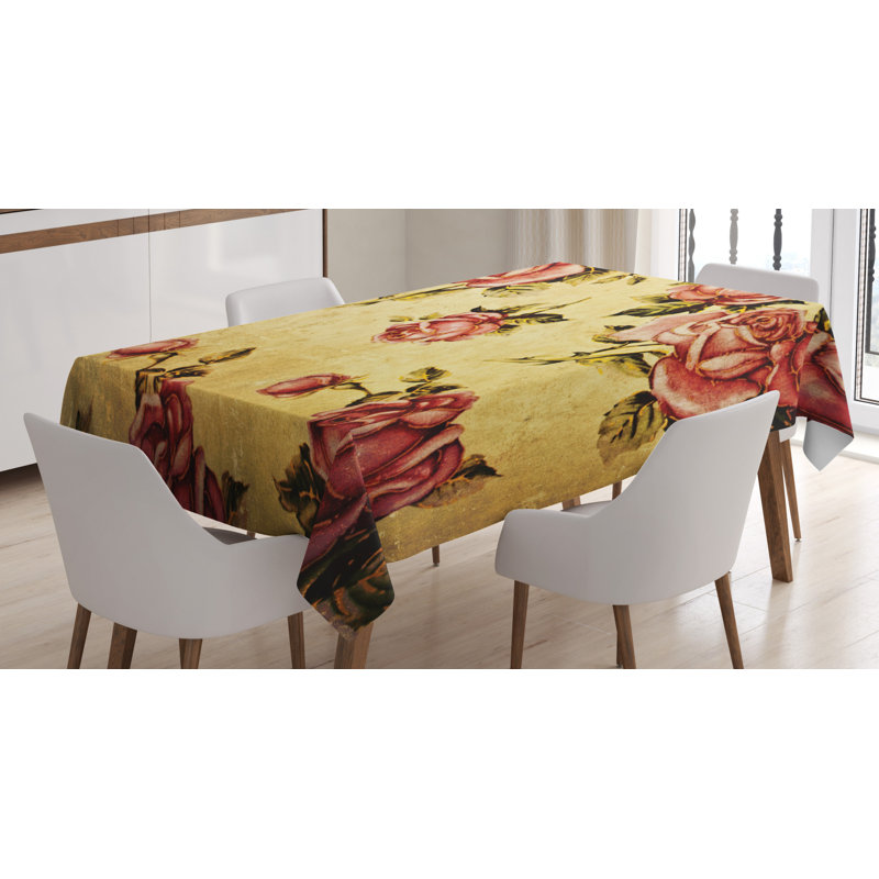 Ambesonne Rose Tablecloth, Old Fashioned Victorian Style Rose Pattern With Dramatic Color Boho Art Design, Rectangular Table Cover For Dining Room Kitchen Decor, 52" X 70", Cream Pink Green