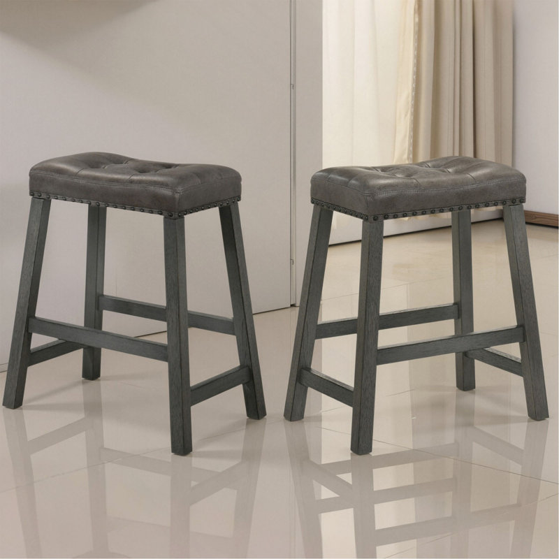 Ensemble de 2 tabourets de comptoir rustiques, tabourets de bar de ferme en bois sans dossier de 25 pouces avec siège en similicuir, finition patinée, conception peu encombrante