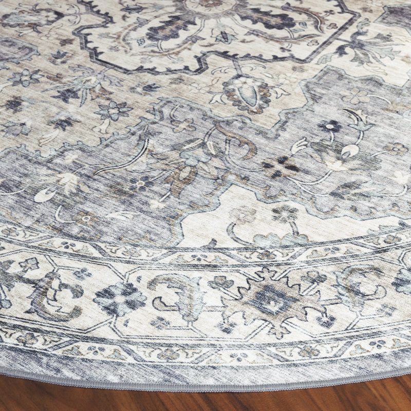 Lonon Oriental Machine Woven Polyester Area Rug in Light Gray/Beige, Round 6"