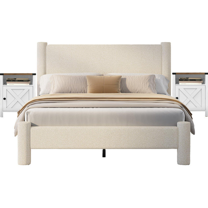 Ensemble de chambre à coucher avec lit 3 pièces Boucle, Grand, Crème