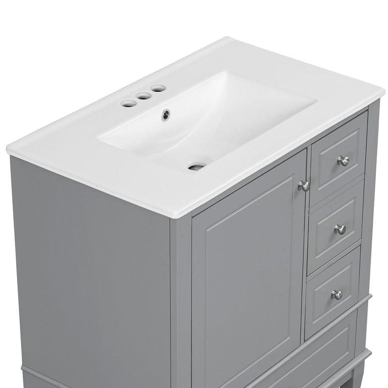 Meuble-lavabo 30 po avec lavabo, une porte avec tablette et trois tiroirs, porte à fermeture douce, gris