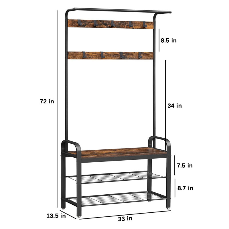 Rustic Brown and Black Hall Tree with Storage Bench