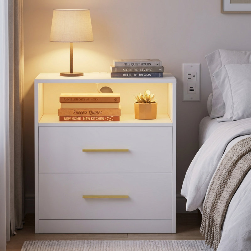 Table de chevet de 24 po de largeur avec station de charge, lumières DEL, 2 ports USB pour prises de courant alternatif
