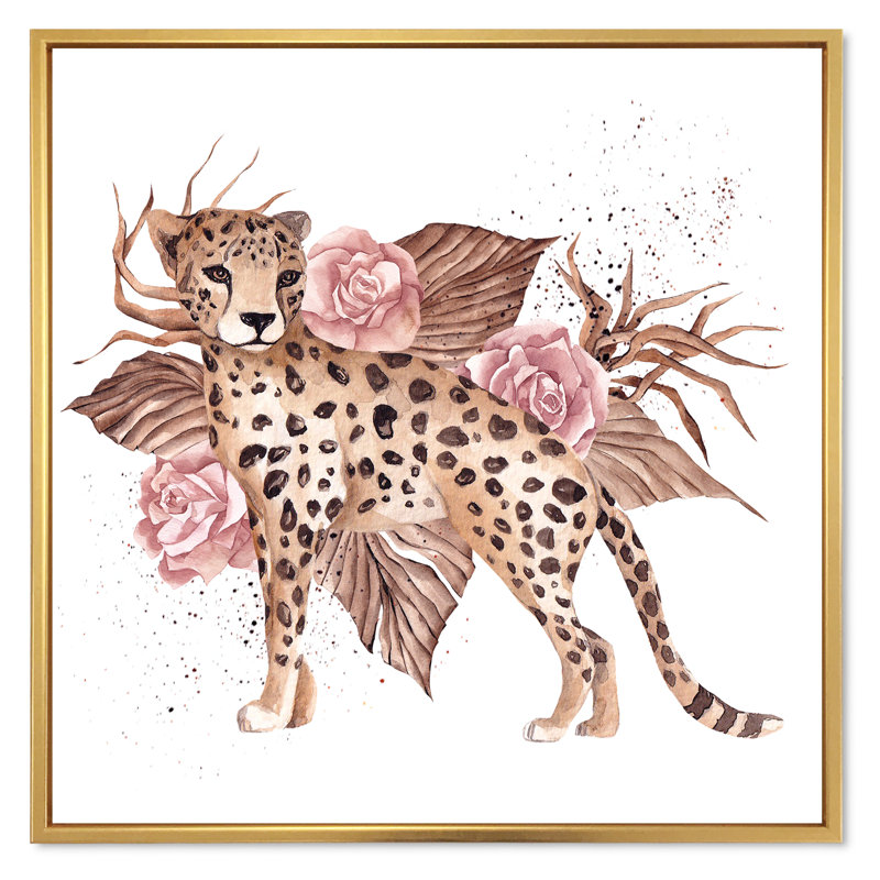 18_Léopard avec fleurs tropicales roses - reproduction d'art sur toile traditionnelle, H 16 po x l 16 po x P 1 po