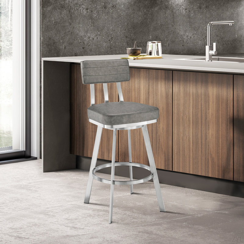 Tabouret tournant en acier inoxydable brossé avec similicuir gris, Tabouret de comptoir (siège d'une hauteur de 26 p, Gris