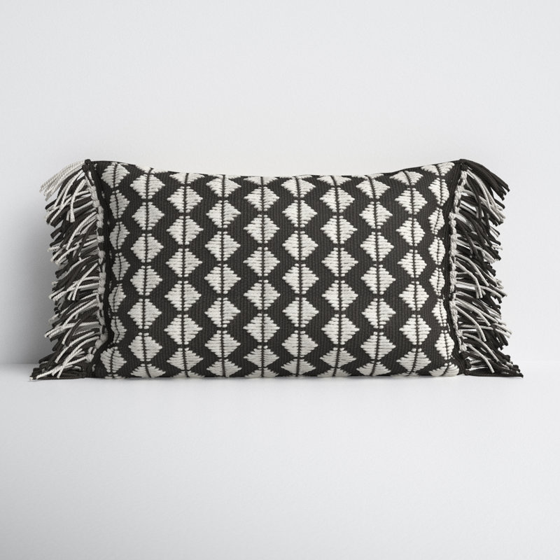 Black and Ivory Rectangular Bohemian Tassel Throw Pillow