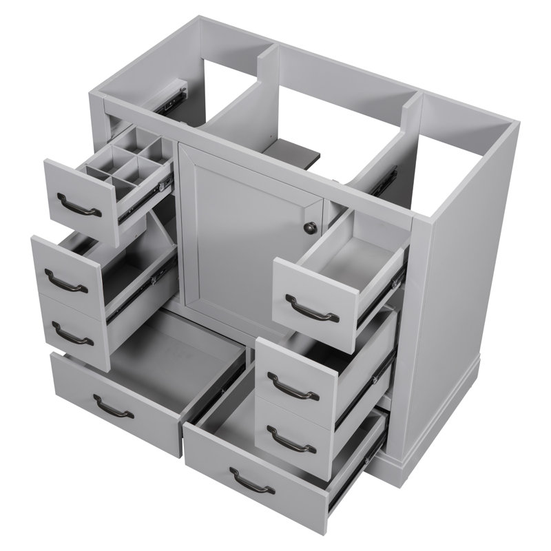 Armoire de salle de bain grise, 6 tiroirs, tablette réglable, base en bois massif, meuble-lavabo gris de 36 po, Gris