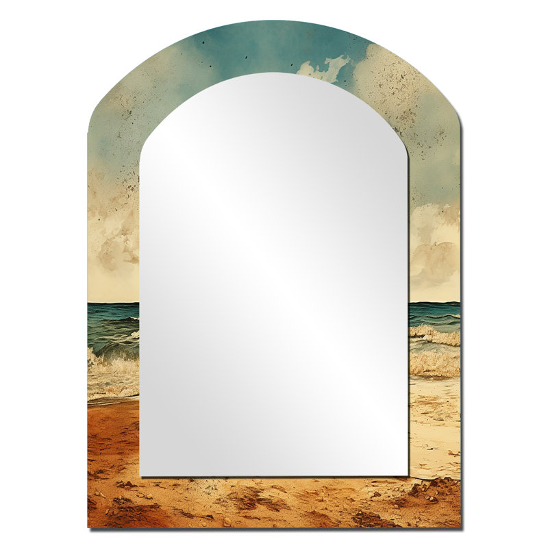 Vintage Beach Side Scenery II - miroir décoratif en arche de sable de plage, grand miroir mural asymétrique beige, impression d'art en métal
