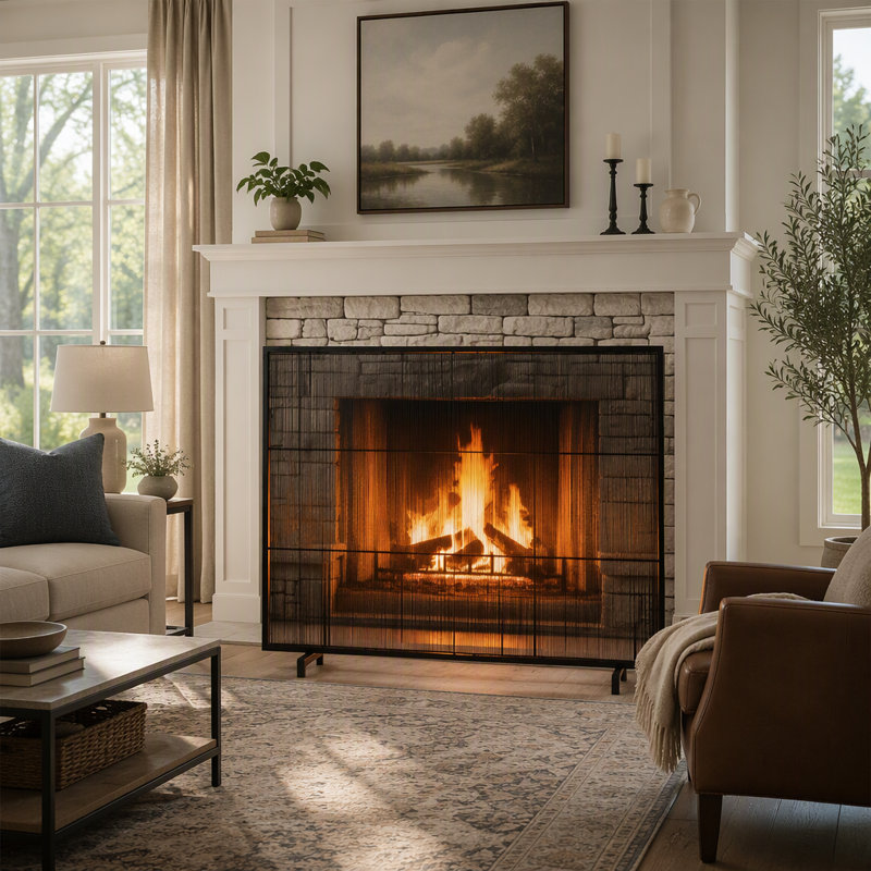 Pare-feu minimaliste en métal avec barres verticales pour une sécurité accrue et un style de décoration intérieure moderne
