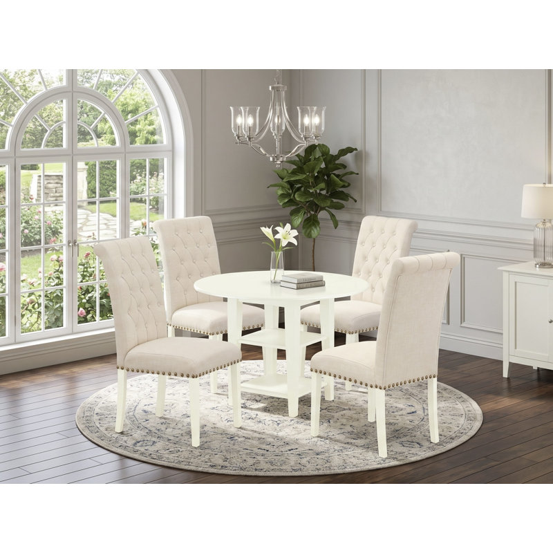 Ensemble de salle à manger 5 pièces comprenant une table de cuisine ronde avec abattant et étagères et 4 chaises Parson en tissu lin beige clair, 107 x 107 cm, blanc lin