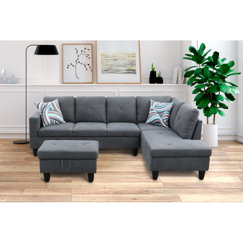 Stotfold Upholstered L-Shaped Sectional Right Hand Facing, Stone Gray Velvet, Right Hand Facing