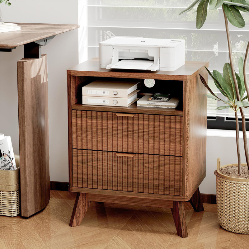 Fluted Nightstand Set with Charging Station,Bedside Table with 2 Storage Drawers,End Table with 2 Drawers, Walnut, 1