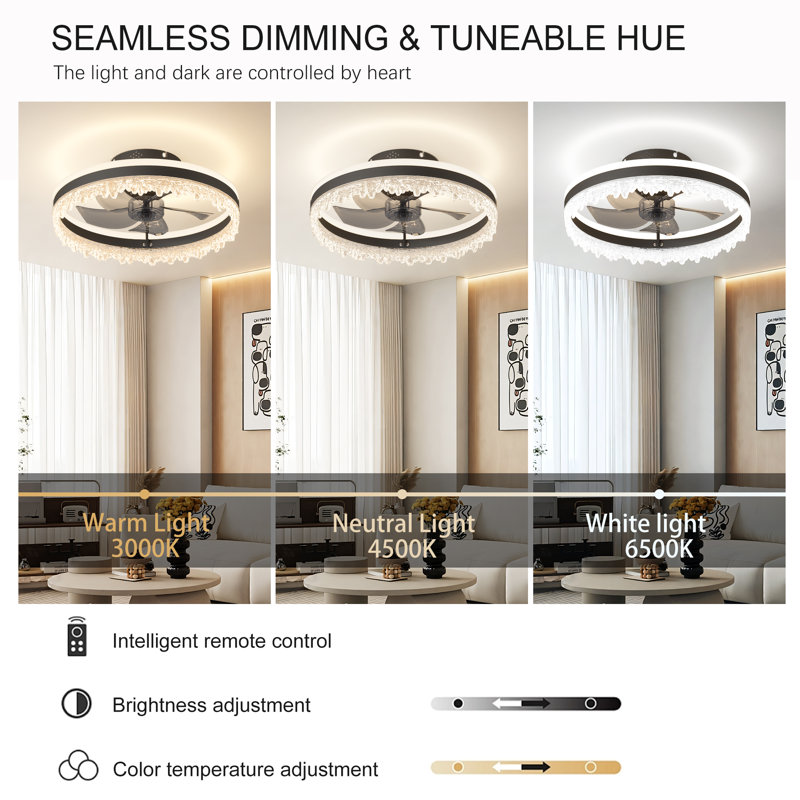 Modern Crystal Ceiling Fan with Light and Remote, Dimmable LED, Quiet Motor, 7.09" Wide
