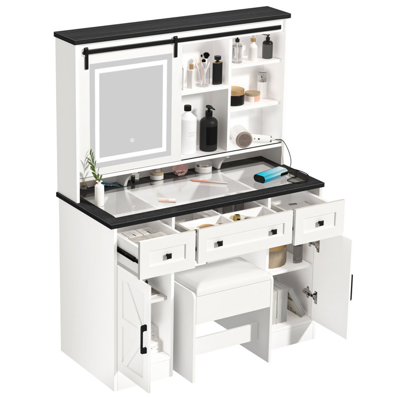 Vanity Desk with Sliding Mirror,Makeup Table Chair Set with 3 LED Light Modes, 3 Drawers, 2 Barns