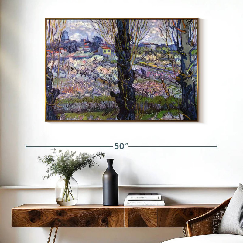 Vue des vergers en fleurs d'Arles, Cadre flottant doré, 40 po x 27 po