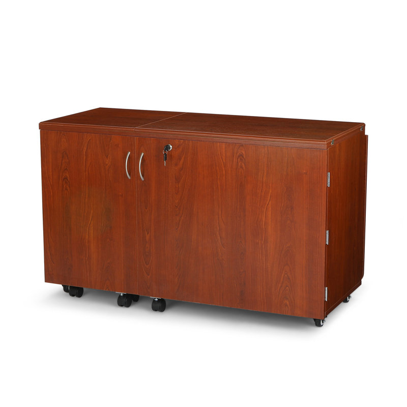 Teak Full-Size Sewing Cabinet with Hydraulic Lift and Storage Caddy