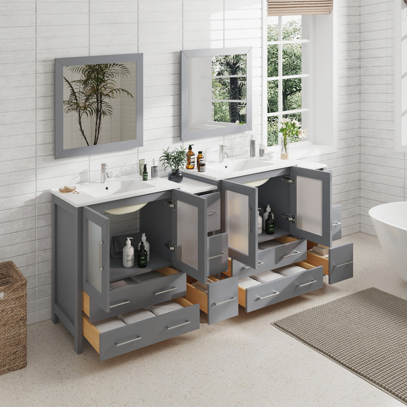  Ensemble de meuble-lavabo double 84 "avec miroir 84", Gris
