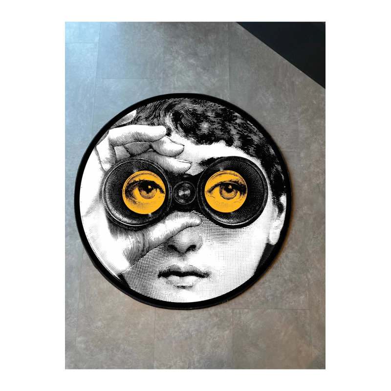 Face Orange Binoculars Themed Black And White Carpet, Round 3'4"