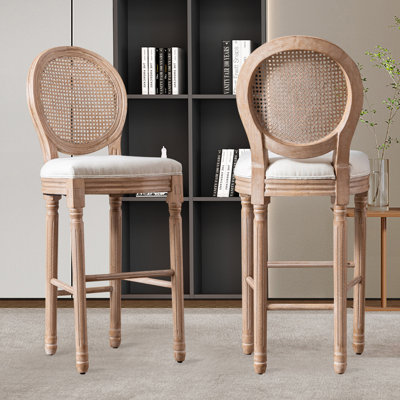 Tabourets de bar à dossier en rotin rétro avec siège en tissu beige, chaises à hauteur de comptoir en bois pour bar de cuisine et de maison de campagne (beige)