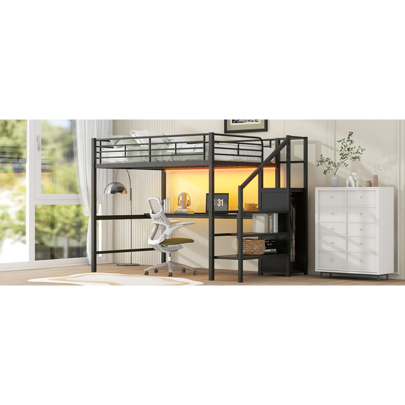 Lit mezzanine double en métal noir avec bureau, escalier de rangement, petite armoire et 7 couleurs à DEL, peu encombrant, confortable et contemporain