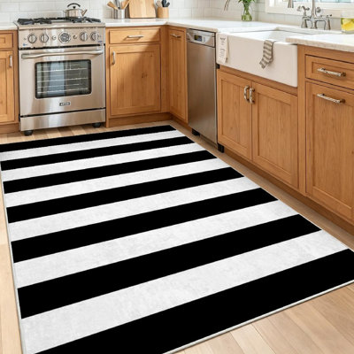 White Black Stripes Classic Fabric Stripe Abstract Art Backdrop Machine Washable Indoor Area Rug