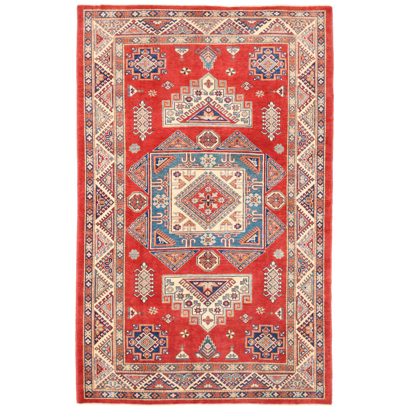 Tapis unique en laine noué à la main de style années 2010 de 6 pi x 10 pi en rouge / bleu / beige Kazak