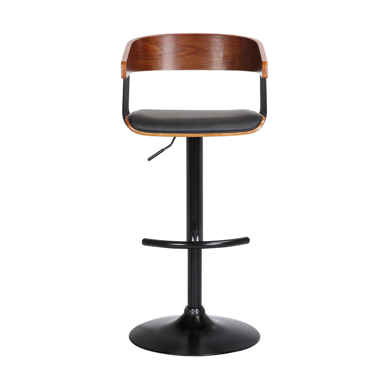 Fouke Adjustable Height Swivel Bar Stool with Pedestal Base in Faux Leather and Metal, Walnut/Black, Black