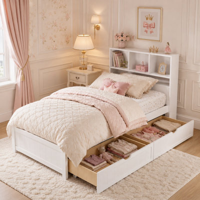 Wood Platform Bed with Bookcase Headboard, Built-in Downlight, Charging Station, and 2 Side Drawers, No Box Spring Needed