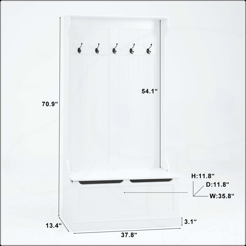 Entryway Bench with Standing Coat Rack, Shoe Storage, and 5 Hooks