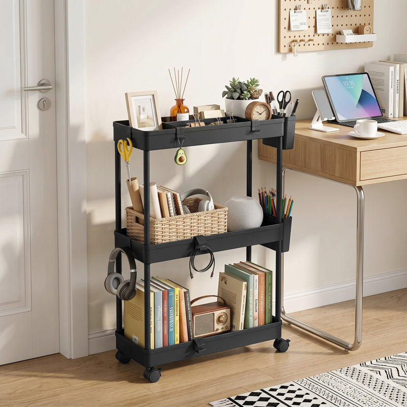 Chariot de rangement roulant à 3 niveaux avec bacs de rangement amovibles, séparateurs réglables et crochets multifonctionnels, organisateur de chariot utilitaire en plastique étroit pour la cuisine, la salle de bain, la salle de lavage, le bureau et les petits espaces
