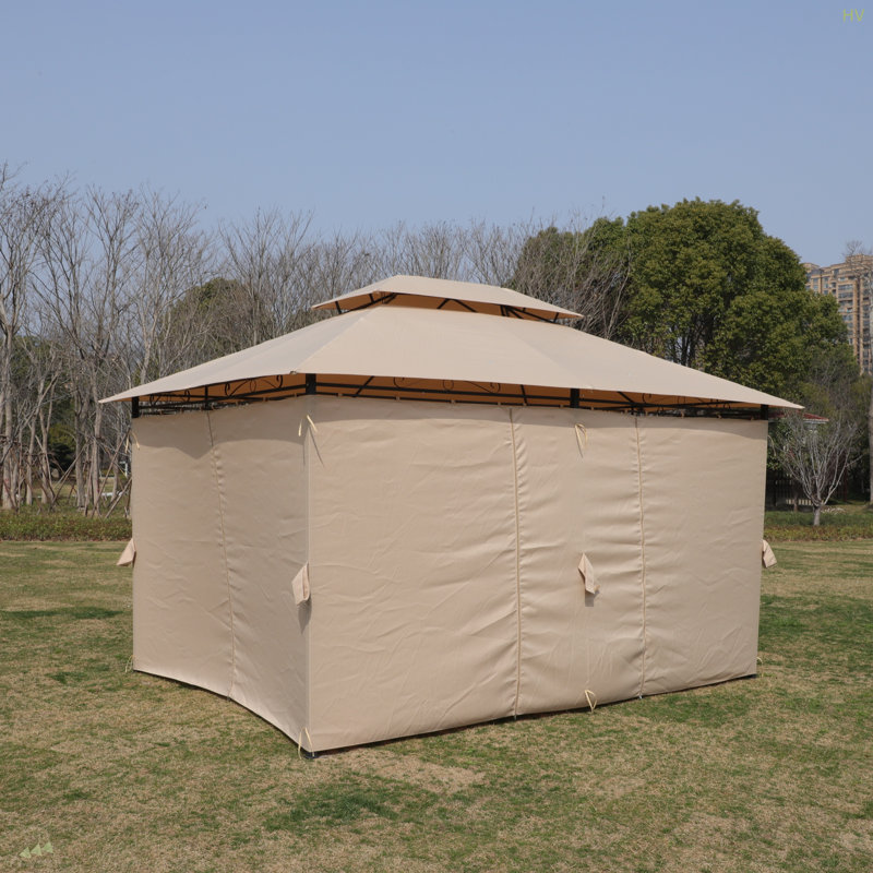Pavillon de jardin extérieur 13 x 10 pi, double toit ventilé et parois latérales détachables, kaki, Kaki