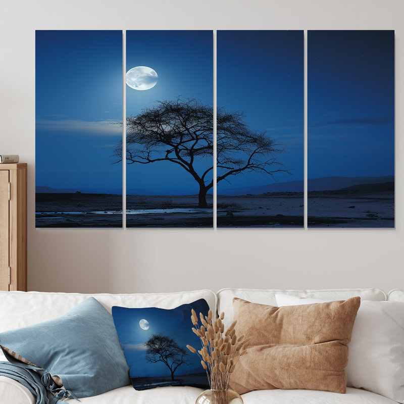 «Blue Moonlight Tree Desert», art mural 4 pièces, H 32 po x l 64 po