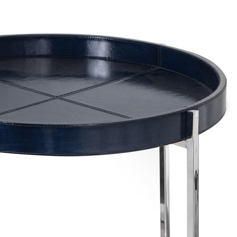 Round Blue Leather Tray Table with Polished Nickel Frame