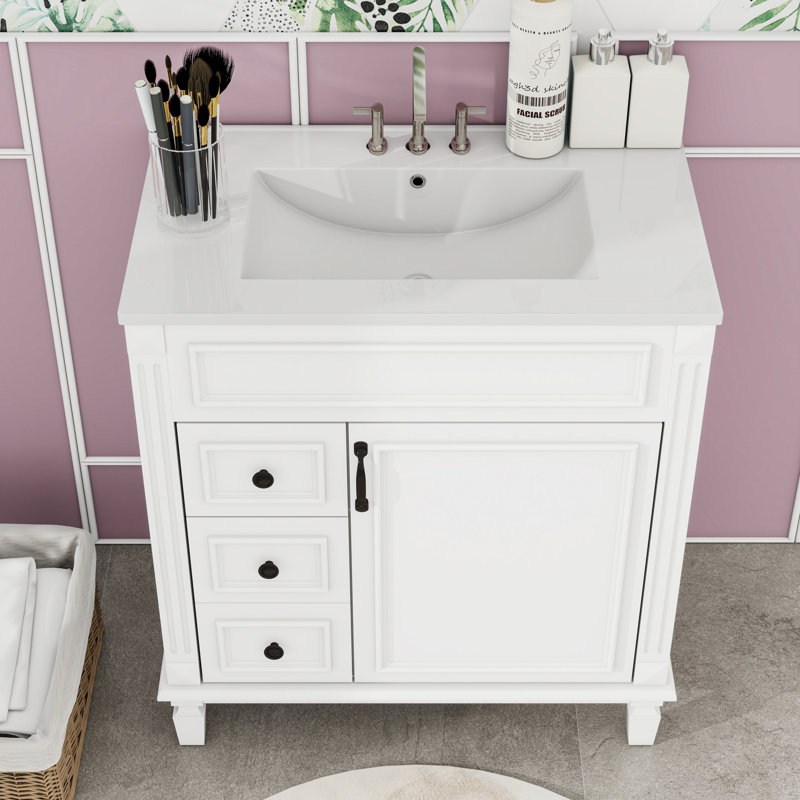 Meuble-lavabo compact autoportant avec lavabo en céramique, charnières à fermeture en douceur et grand espace de rangement