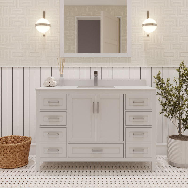 Meuble-lavabo simple autoportant 48 po avec plateau en quartz blanc Rooh, Blanc