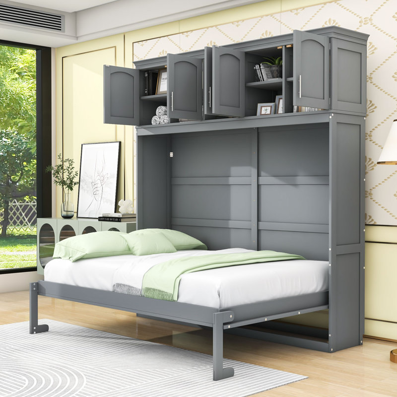 Lit escamotable en bois avec armoires supérieures, conception pliable peu encombrante, Gris, Double