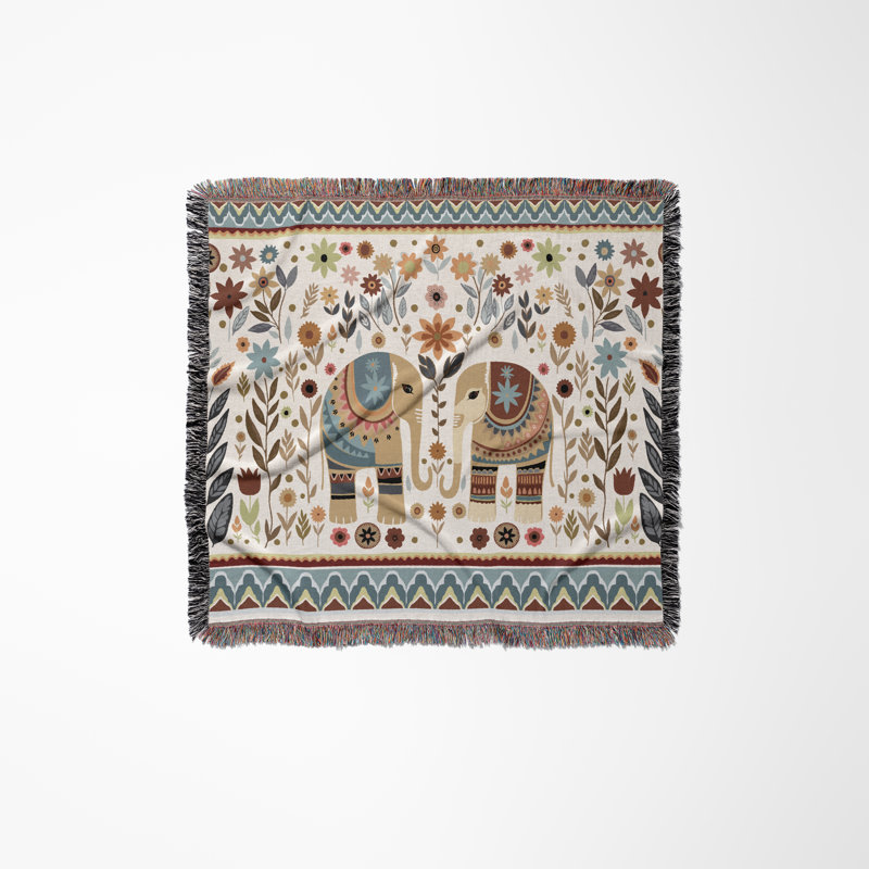 Jeté en mélange de coton Cece Elephant, Beige / bleu / blanc cassé, L 60 po x l 50 po