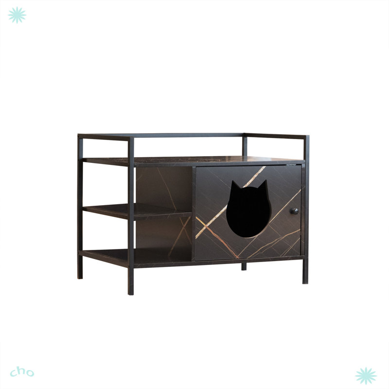 Modern Black Marble Cat Litter Box Enclosure with Shelves