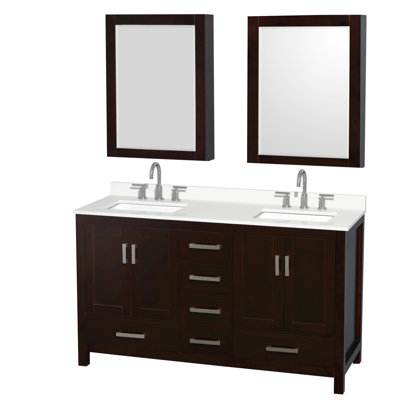 Meuble-lavabo double 60 po avec comptoir en quartz et armoires à pharmacie Sheffield