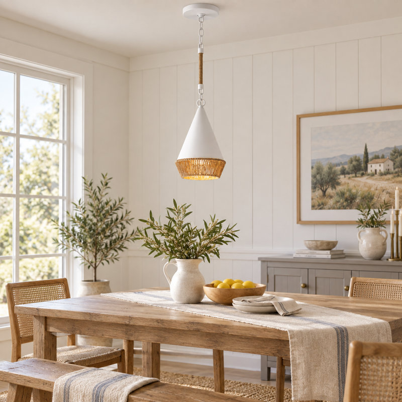 14" White Rustic Hemp Rope Pendant Light, 1-Light Metal Hanging Lamp with Hand-Woven Shade for Kitchen Island, White