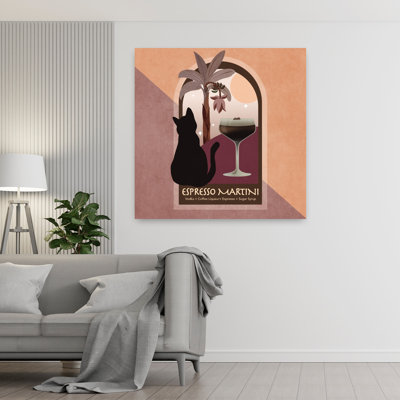 «Moonlit Espresso», abstrait, minimaliste, chat rétro, paysage de palmiers, art mural